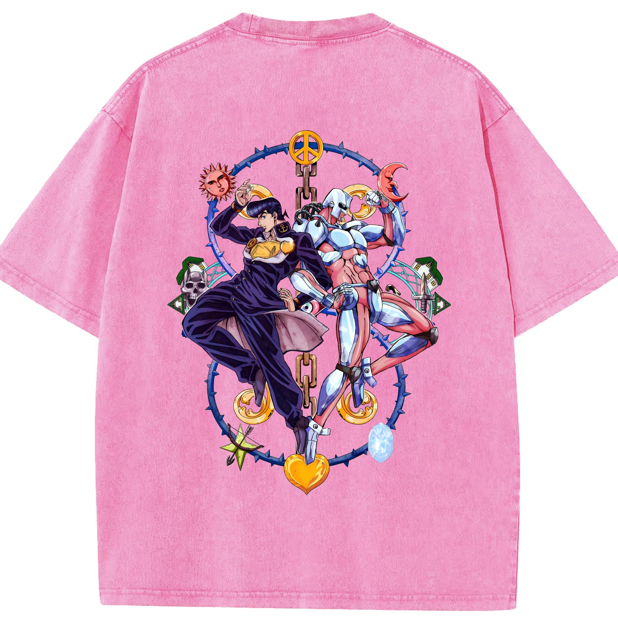 （画像用） ジョジョの奇妙な冒険 ひがしかた じょうすけ JoJo's Bizarre Adventure Higashikata Josuke 綿100% ヴィンテージ風 半袖Tシャツ（背面プリント）